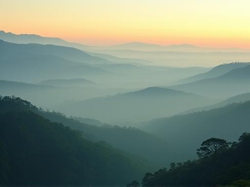 Misty morning view over the rolling hills of Maleny, Queensland.